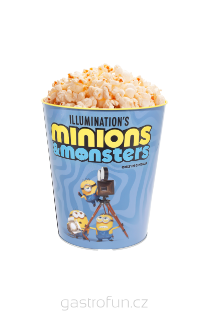 Hliníkový kyblík na popcorn s motivem filmu „Mimoni a monstra“